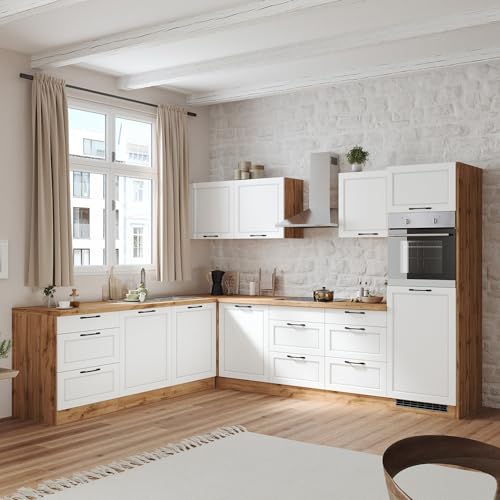 Lomadox Winkelküche Küche Einbauküche Küchenzeile L-Form 300/240 cm mit E-Geräten in weiß und Eiche, Arbeitsplatte in Eiche, inkl. Dunstabzugshaube, Induktionskochfeld, Backofen, Geschirrspüler