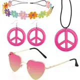 Hippie Kostüm Set, Hippie Accessoires, Hippie Haarband, Ankleidezubehör Hippie Partyzubehör, Hippie Kleidung Damen Herren Accessoires, 60er 70er Jahre Bekleidung Stirnband Friedenszeichen Halskette