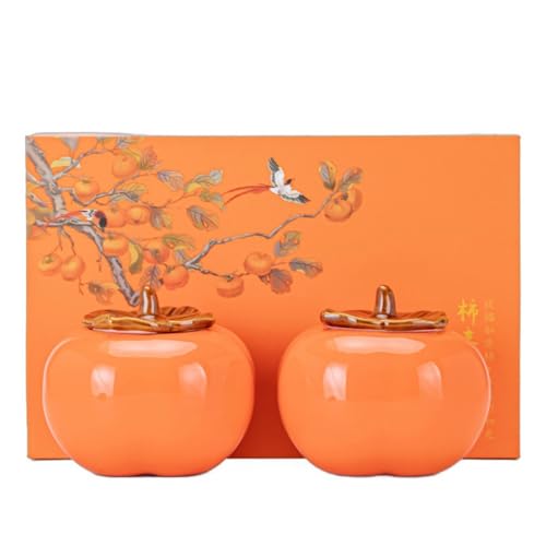 Speisekammer-Aufbewahrungsbehälter Kreatives Persimmon-Tee-Vorratsbehälterglas aus versiegelter Keramik for den Haushalt, tragbares chinesisches Teeservice, Doppelglas-Set Keramikbehälter für Tee, Kaf