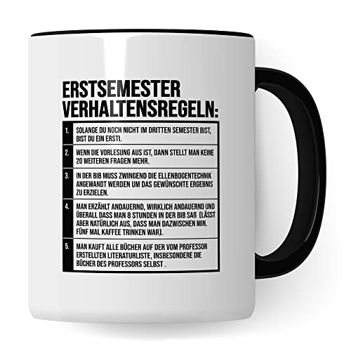 Ersti Tasse lustig Student Kaffeetasse Witz Studentin Kaffee-Becher Humor erstes Semester Geschenk Studienbeginn Geschenkidee Erstsemester Regel Nr. 1 Regeln Verhaltensregeln (Weiß/Schwarz)