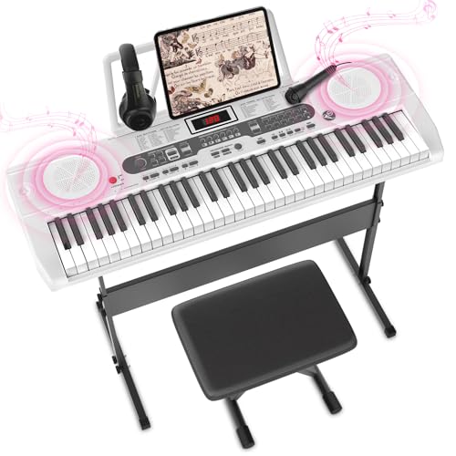 61 Key Keyboard Piano, E-Piano mit Keyboardständer, Klavierbank, Mikrofon, Kopfhörer, Notenablage, LED-Bildschirm, Dual-Lautsprecher, Lehrmodi,Electric Piano für Einsteiger