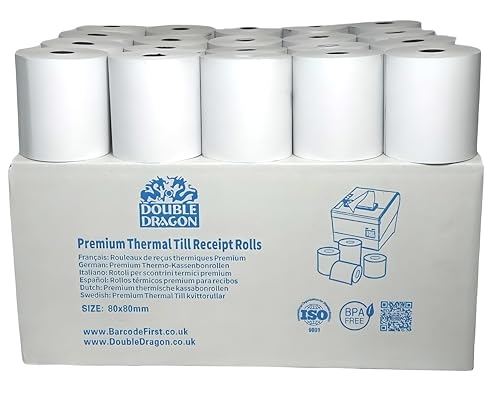 Double Dragon Premium BPA-freies Thermopapier in hoher Qualität, 80 mm x 80 mm für POS-Bondrucker, umweltfreundlich und wischfest (5er-Pack)