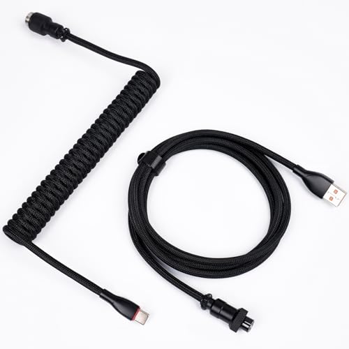 Sikai Coiled Cable USB C für Gaming Tastatur,Spiralkabel Tastatur,Spiral Zweiteilig einziehbar Curly Kabel Abnehmbarem Vergoldetes Luftfahrtstecker,Geflochtenes Kabel für Tastatur (Schwarz)