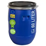 plasteo® 60 Liter Weithalsfass mit Deckel und Spannring, Lebensmittelecht BPA-Frei, Futtertonne Kunststofffass Universalfass Deckelfass Wasserfass Lagerfass Sauerkrautfass, Stabile Griffmulden, Blau