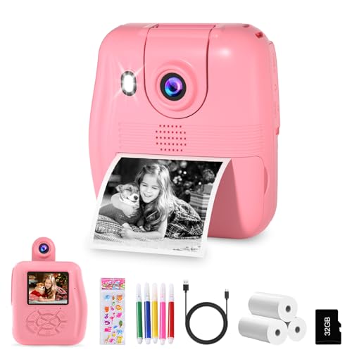 GKTZ Kinderkamera Sofortbildkamera - 1080P Sofortbildkamera Kinder mit Druckpapier-16x Digitalzoom 2.4" Bildschirm- DigitalKamera mit 32G TF Karte,Weihnachten Geschenk 3-12 Jahren Jungen und Mädchen