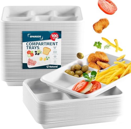 5-Fach-Speise Einwegteller Schwere Partyteller Einweg Stabil 100 Pack Einweg Teller Schul-Portionsteller für heiße Speisen mit Abschnitten Esslernteller mit Fächern aus Naturmaterial Zuckerrohr Teller