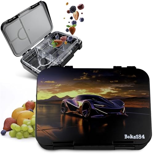 Boks184 Brotdose Kinder mit Fächern - Bento Box auslaufsicher - robust - BPA Frei Lunchbox - Brotbox für Schule, Kindergarten & Ausflüge - Snackbox -Vesperbox (Auto schwarz)