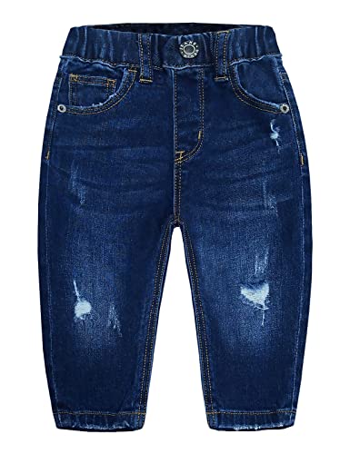 KIDSCOOL SPACE Baby Mädchen Jungen Jeans,Kleines Kind Gummiband Zerrissene Faltendekor Denimhose,Tiefblau,12-18 Monate