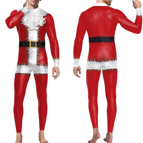 Ruamilyy Weihnachten Bodysuit Herren 3D Digitaldruck Weihnachten Overall Christmas Santa Kostüm Sexy Lange Ärmeln Weihnachten Bodysuit Cosplay Party Karneval Kostüm Lässiger Catsuit