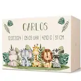 GRAVURZEILE Personalisierte Erinnerungskiste für Babys - Tiergruppe Safari - Personalisiert mit Name & Datum - Holzkiste für Mädchen & Jungen - Geschenk fürs Baby zur Geburt - Erinnerungsbox