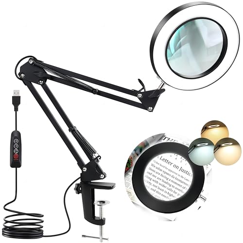 Kevsuvqin Lupe mit Licht und Ständer, 10X LED Lupenleuchte mit Klemme, LED Lupenlampe mit 3 Farbmodi Dimmbare, Lampe mit Lupe für handwerkliche Reparaturen & Nahaufnahmen, Tischlupe mit Beleuchtung