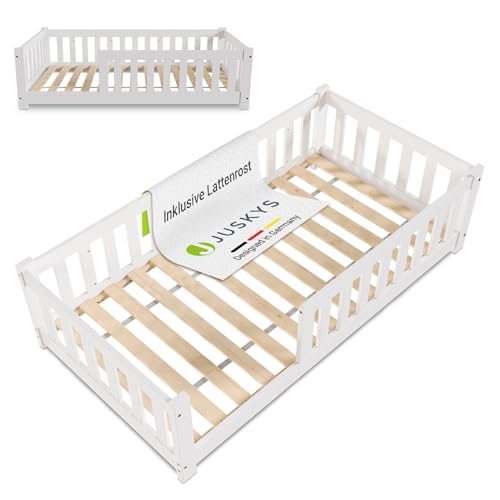 Juskys Kinderbett Naya - 80x160 cm Bett mit Rausfallschutz & Lattenrost - Holz Bodenbett für Kinder 3-10 Jahre - modernes Bettgestell Weiß