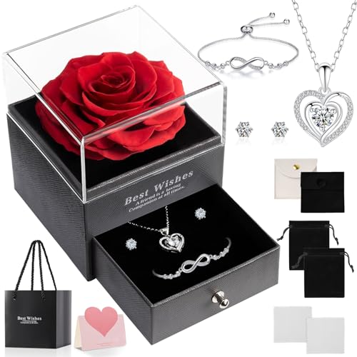 Tarocat Ewige Echte Rose mit Splitter Halskette Ohrringe Armband Geschenkbox, Schmuck Geschenkbox, Rosenbox Geburtstag, Valentinstag, Hochzeitstag Geschenke für Sie Freundin Frauen