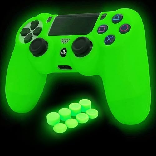 HLRAO PS4 Controller Skin Silikon Grip Glow in Dark Schutzhülle für PS4/Slim/Pro 4 Controller + 8 FPS PRO Daumengriffe + 2 Stück Kappen