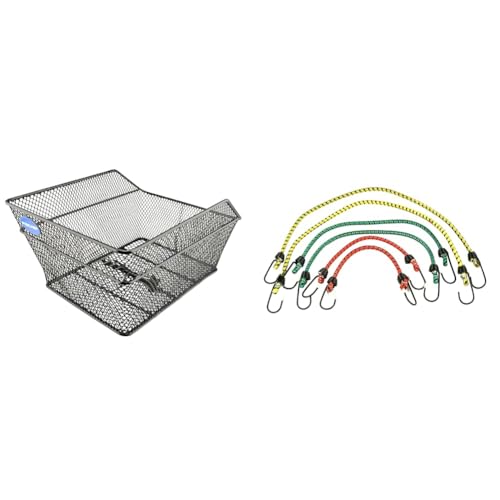 FISCHER Gepäckträgerkorb School, Fahrradkorb, engmaschig & Meister Gepäckspanner-Set 6-teilig - 3 Längen: 30 cm, 45 cm & 60 cm