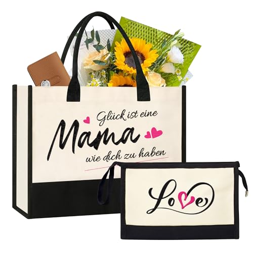 LYLIDIA 2 Stück Canvas Tote Bag mit Stickerei - Glück ist. Einkaufstasche Groß und Klein Kosmetiktasche Muttertag Shopper Bag Mutter, Geschenke Geburtstagsgeschenk Muttertagsgeschenke für Mama Tasche