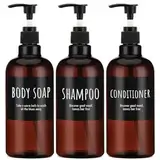 Segbeauty 500ml Shampooflasche Nachfüllbar, 3pcs 16.9oz Shampoospender mit Etikett, Leere Pumpflaschen für Körperseife Shampoo Conditioner Dusche, brauner Plastikpressespender