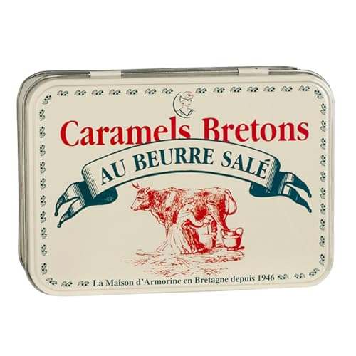 La Maison d'Armorine Französische salted Caramel Bonbons einzeln verpackt und nach traditioneller Handwerkskunst in der Bretagne hergestellt 150 g In einer Metall Geschenkbox