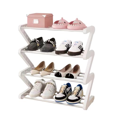 NIAWECAN Schuhregal mit 4 Ebenen, Kleines Schuhständer Weiß Metall, Schmales Stapelbares Schuh-Organizer, Schuhaufbewahrung Platzsparend, Geeignet für Schlafzimmer, Flure, Eingänge
