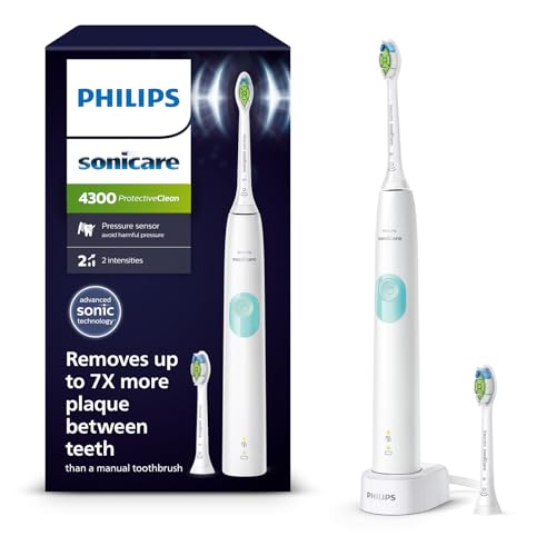 Philips Sonicare ProtectiveClean 4300 elektrische Zahnbürste, Schallzahnbürste mit zwei Intensitätsstufen, Drucksensor und Timer, Weiß, Modell HX6807/51