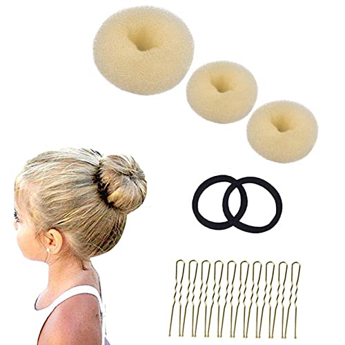 3 Stück Donut Hair Bun Maker Set mit 2 elastischen Haarband, 10 U-Form Haarspange Haarnadel, Duttkissen, Dutt Maker für Kinder Mädchen Frauen (beige)