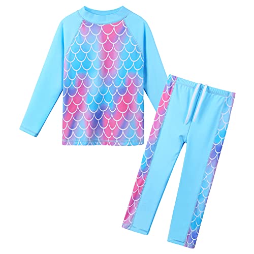 ZNYUNE Mädchen Zweiteiliger Badeanzug Stoffdruck Kinder Badebekleidung Lange Ärmel + Hosen Schwimmanzug 361 ScaleBlue 8A