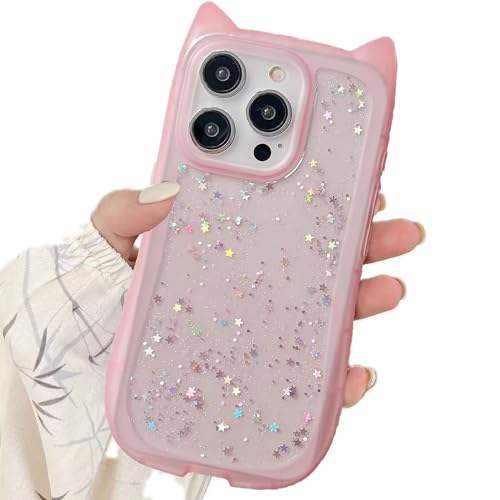 Rnrieyta Miagon Niedlich Katzenohren Hülle für iPhone 12,Glitzer Durchsichtig Weiche Silikon 3D Tier Handytasche für Frauen Mädchen Klar Kawaii Bling Stern Bumper