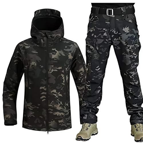 VBVARV Militärische Taktische Herren-Kampfuniform wasserdichte Armee-Kampfanzug-Sets Camouflage Softshell-Jacken-Hosen Jagdkleidung,Cpblack,XXXL