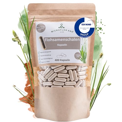 MICROFLORANA® - Flohsamenschalen Kapseln - 400 Kapseln - 3.660 mg hochdosiert je Portion - Laborgeprüfte Qualität - Indischer Flohsamen - Frei von Zusätzen - Psyllium Husk - Leichte Dosierung