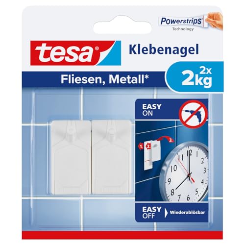 tesa Klebenagel Fliesen&Metall, 2er Set - Klebenagel für glatte und feste Oberflächen in Badezimmer und Küche, 2 kg Haltekraft - ablösbar und wiederverwendbar - 2 Stück