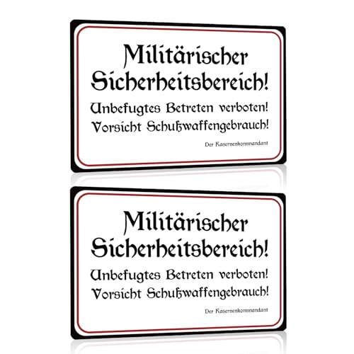 2ER LUSTIG WARNSCHILD SET 20X30cm - Militärischer Sicherheitsbereich - Retro Blechschild Wandschild Dekoschild Türschilder Schild mit Witziger Spruch - Wanddekoration Geschenk