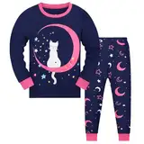 Codkkre Schlafanzug Mädchen Katze Kinder Pyjama Baumwolle Langarm Winter Cat Schlafanzüge Zweiteiliger Größe 152, Marineblau/Katze