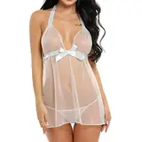 Sexy Christmas Spitze Chemise Negligees Sexy Nachthemden Halfter Nachthemden Schiere Mesh Nachtwäsche (1PC Nachthemd + 1PC Unterhose) Nachtwäsche Damen Sexy(Weiß,XXL)