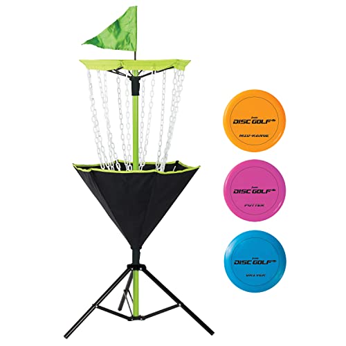 Franklin Sports Disc Golfkorb + Scheiben Set - Tragbarer Disc Golf Zielkorb mit Ketten - 3 Scheiben enthalten - Driver, Mid-Range + Putter
