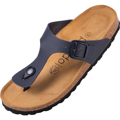 Palado Damen Zehentrenner Kos - Modische Pantoletten mit Kork Fussbett - extra bequeme Sandalen - Made in Spain - mit Sohle aus natur Leder - angenehme Sandalen Basic Matt Blau 40 EU