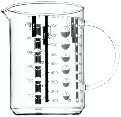 WMF Gourmet Messbecher Glas 1l, hitzebeständiges Glas, Messbecher 1l, Skalierung für Liter, Milliliter, Tassen und Gramm, Transparent