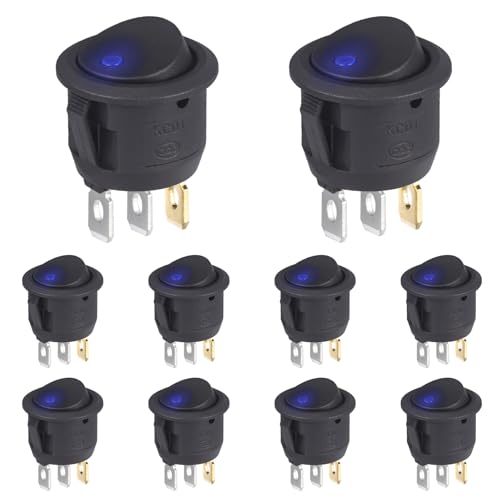 VEXUNGA Rund Kippschalter 3 Polig Wippschalter Schalter Beleuchtet 6A 250V AC 10A 125V mit LED Blau 2 Position Ein/Aus Schwarz Einbauschalter Selbsthemmung Runde (10 Stück)