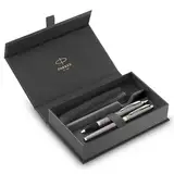 Parker IM Duo Stift-Geschenkset | Füller, Kugelschreiber & Etui | Edelstahl-Ausführung mit Chromverzierungen | Mittlere Spitze | Blaue Tinte | Perfekte Geschenke zum Schulabschluss