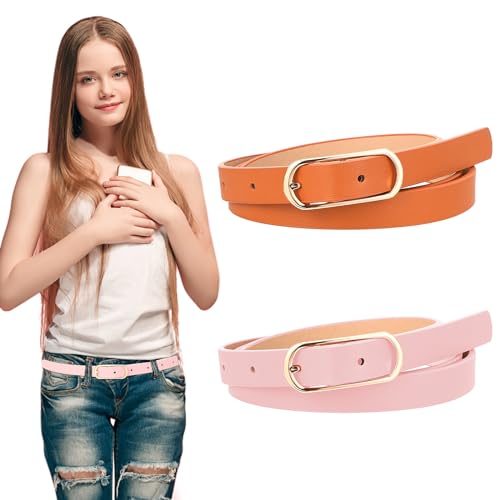 Andibro Verstellbarer Leder Taillengürtel, dünner Taillengürtel schmaler Ledergürtel mit Legierungs Dornschnalle für Kinder Mädchen(Rosa + Kamel)