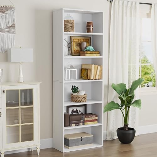 oneinmil Bücherregal, Bücherschrank mit 6 Ebenen, Bücherregal Hoch, Standregal, Modernes offenes Regal aus Holz, für Wohnzimmer, Schlafzimmer, Büro, Arbeitszimmer, Weiß
