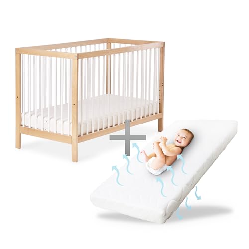 Ehrenkind® Babybett PUR inkl. Matratze 140x70 aus Natur Buchenholz | Natur-Weiß | Kinderbett 9-Fach höhenverstellbar mit entnehmbaren Stangen | Baby Bett