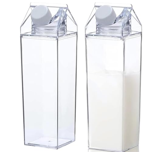 thirei Milchkarton Wasserflasche, 1000 ml Milchflasche,Transparentem Milchkarton, Quadratische Transparente Wasserflasche, Wiederverwendbar, für Picknicks, Camping, Milch, Orangensaft, 2 Stück