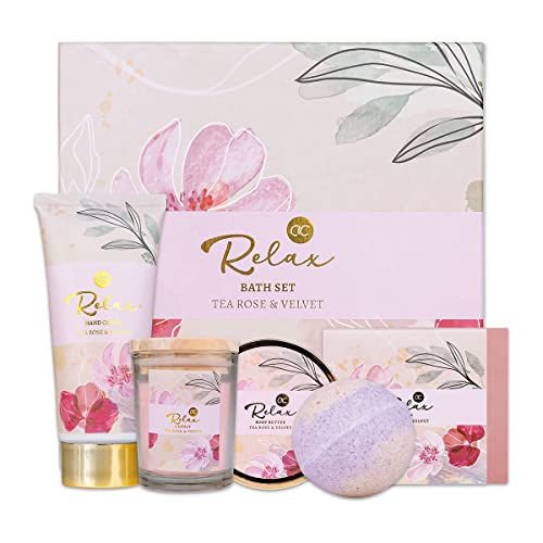 accentra Bade- und Pflegeset RELAX in schöner Geschenkbox, 5tlg. Wellness - Geschenkset für Frauen beinhaltet Körperbutter, Seife, Handcreme, Badebombe und Duftkerze