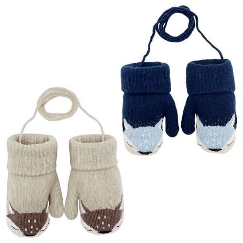 FUIPVGI 2 Paar Baby Winter Handschuhe, Cartoon Kinder Winter Handschuhe Fäustlinge, Warm Strickhandschuh Handschuhe mit Schlüsselband für 0-3 Jahre Mädchen Junge (2 Farben)