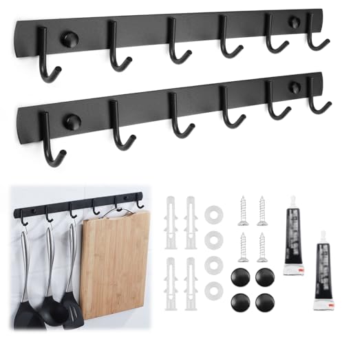 2 Stuck Hakenleiste Küche Edelstahl Schwarz Hakenleiste Garderobe Mit 6 Haken, 32cm Kleiderhaken Hakenleiste Selbstklebend, Wandhakenleiste Mehrzweckhaken für Küche Schlafzimmer Wohnzimmer Bad Tür