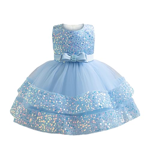 Miipat Baby Mädchen Kleid Prinzessin Tüll Pailletten Partykleid Ärmellos Tutu Blumenmädchenkleider für Geburtstag Hochzeit Blau 100 2-3 Jahre