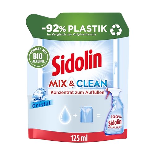 Sidolin Mix & Clean Konzentrat zum Auffüllen Cristal (125 ml), All in 1 Glasreiniger für Sauberkeit, Glanz & Schutz, Fensterreiniger mit Bio-Alkohol, -92% Plastik im Vergleich zur Originalflasche