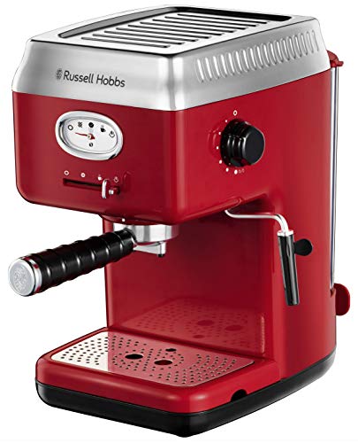 Russell Hobbs Espressomaschine [Siebträgermaschine] Retro Rot (15 Bar, 2 Tassen-Einsätze, 1,1l abnehmbarer Wassertank, Dampf-Milchschaumdüse, Portionierlöffel mit Tamper) Kaffeemaschine 28250-56