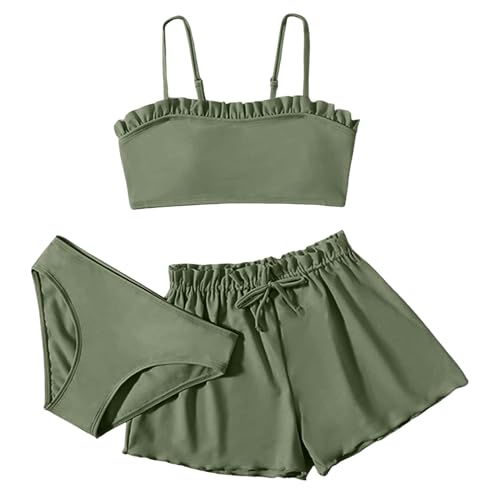 3-teilige Badeanzüge für Mädchen Bikini Set für Mädchen Badeanzug Mädchen Bikini Sets Kinder Einfarbige Rüschen Badeanzüge Rückenfrei Top+Triangel Bikinihose+Shorts für 8-16 Jahre (AG, 12-14 Jahre)