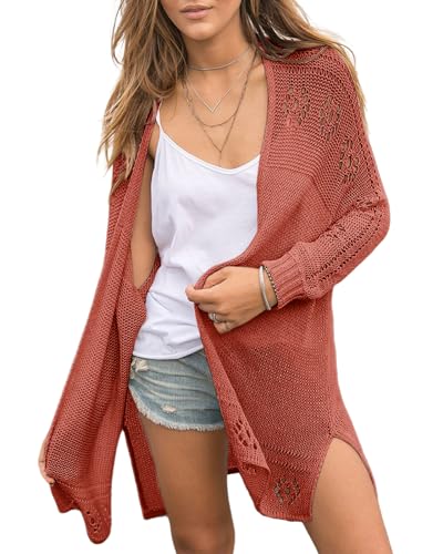 Saodimallsu Damen Open Front Strickjacke Leichte Weiche Sommer Boho Cardigan Casual Langarm Strickpullover Ziegelrot Mittel